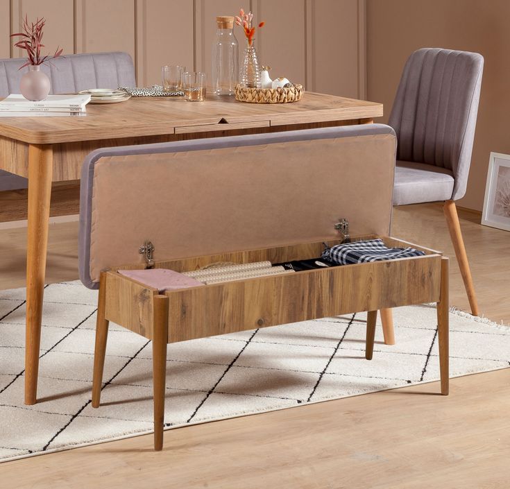 Ensemble table extensible 2 chaises et 2 bancs bois naturel et tissu gris Mariva - Photo n°2