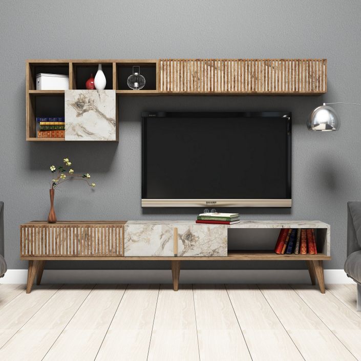 Esemble meuble TV en bois noyer et blanc effet marbre Roma 180 cm - Photo n°2