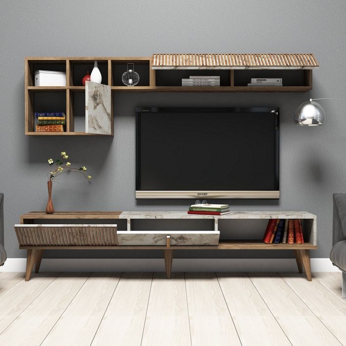Esemble meuble TV en bois noyer et blanc effet marbre Roma 180 cm - Photo n°3