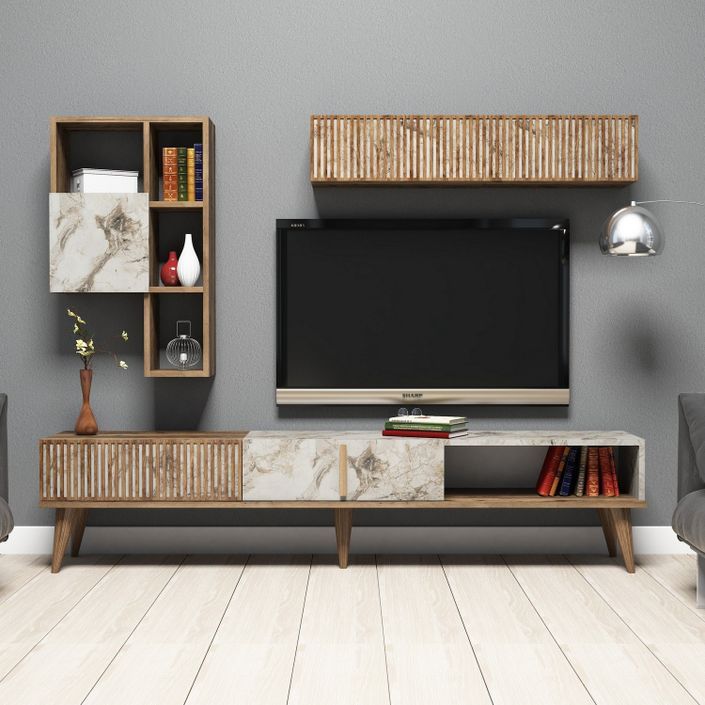 Esemble meuble TV en bois noyer et blanc effet marbre Roma 180 cm - Photo n°4