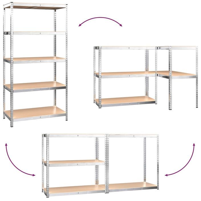 Étagère à 5 niveaux 2 pcs Argenté Acier et bois ingénierie - Photo n°6