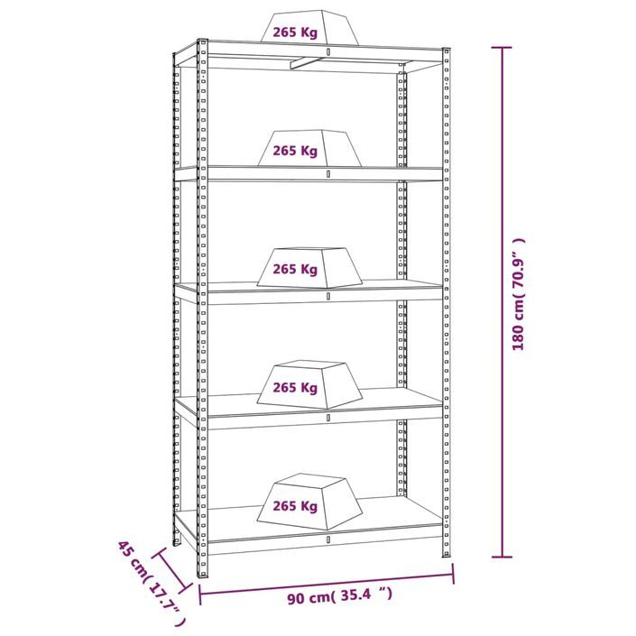 Étagère à 5 niveaux 2 pcs Argenté Acier et bois ingénierie - Photo n°9