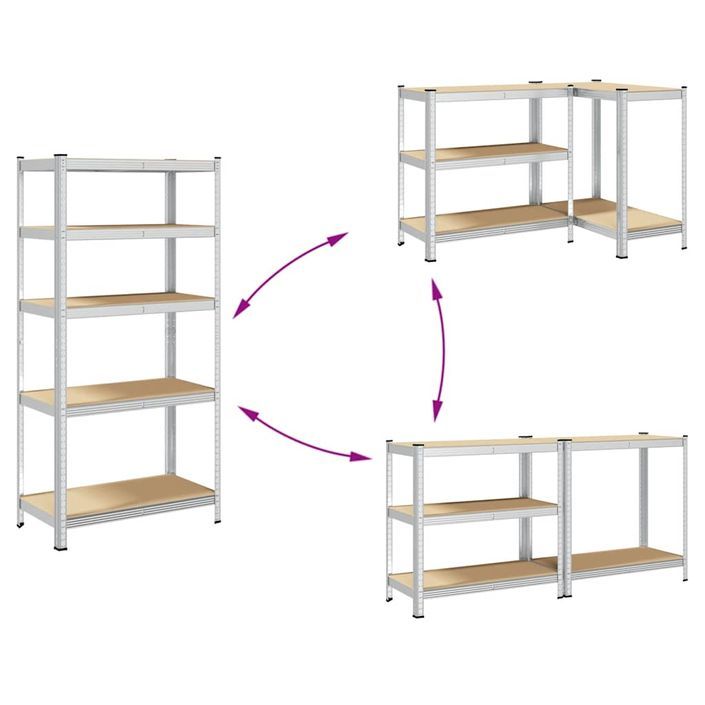 Étagère à 5 niveaux 2 pcs Argenté Acier et bois ingénierie - Photo n°7