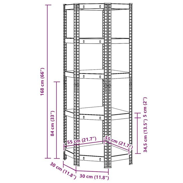 Étagère d'angle à 5 niveaux Argenté Acier et bois d'ingénierie - Photo n°12