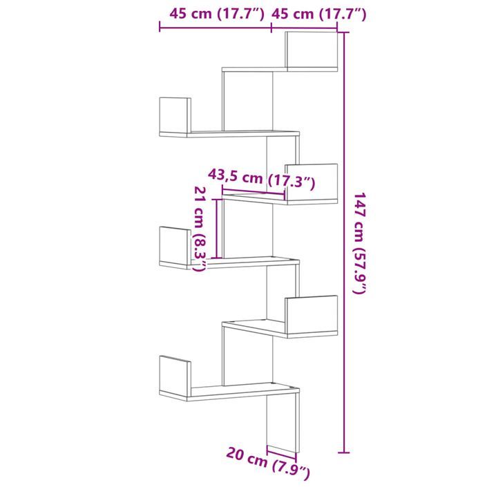 Étagère d'angle murale chêne sonoma 45x45x147cm bois ingénierie - Photo n°9