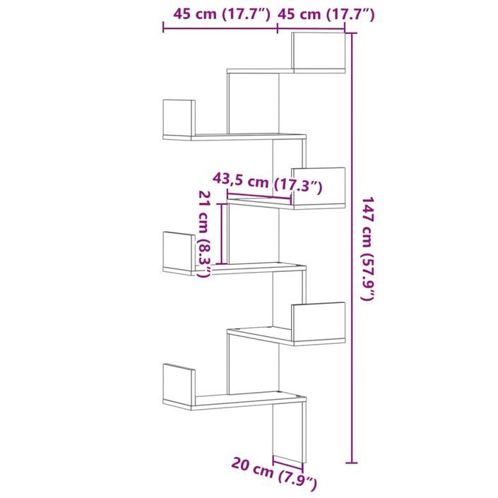 Étagère d'angle murale sonoma gris 45x45x147cm bois ingénierie - Photo n°9