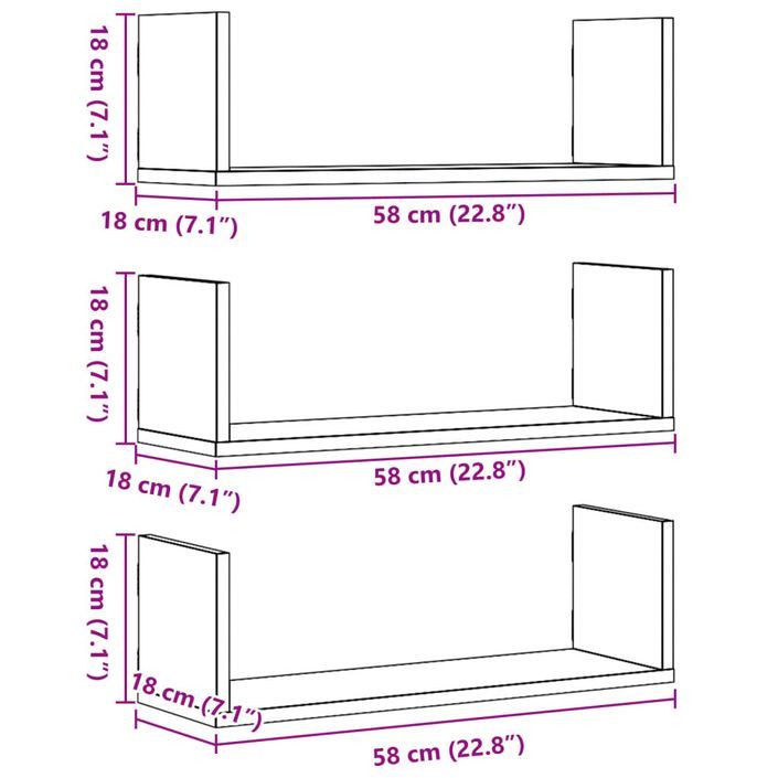 Étagères murales 3 pcs gris béton 58x18x18 cm bois d'ingénierie - Photo n°10