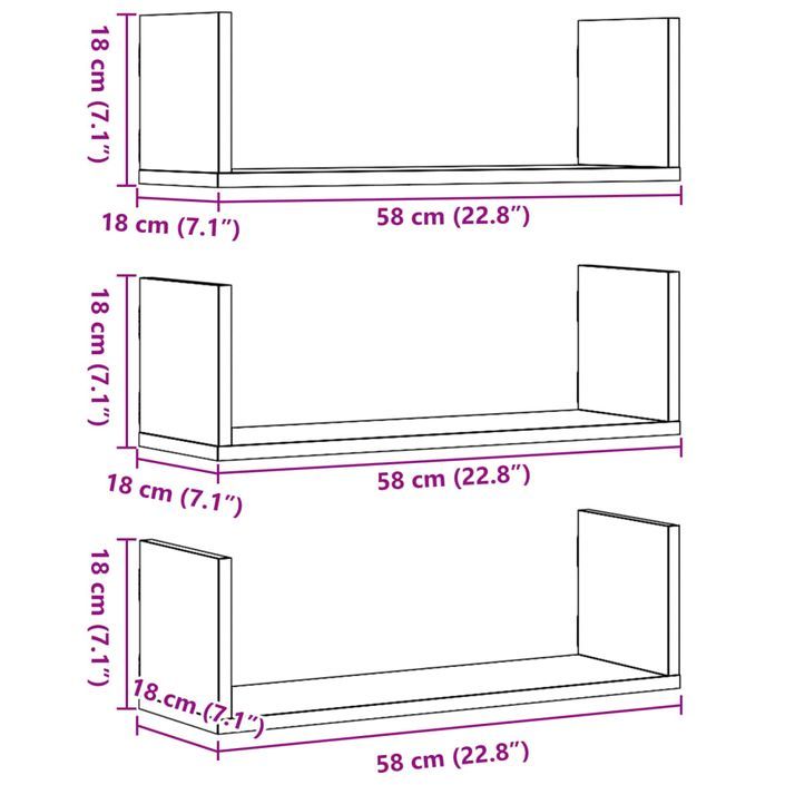 Étagères murales 3pcs chêne sonoma 58x18x18cm bois d'ingénierie - Photo n°10