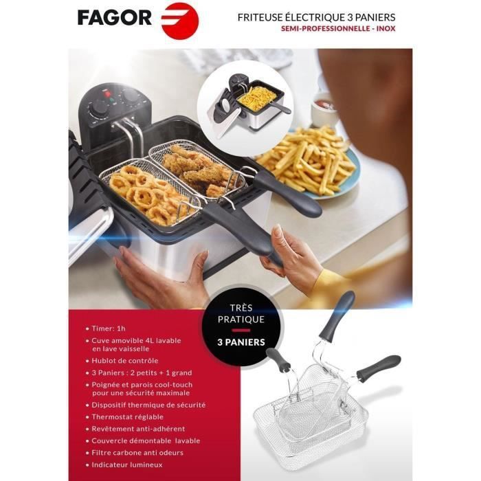 FAGOR FG124 - Friteuse Electrique - 4L - 2000W - 1,8 Kg de frites - 3 Paniers - Filtre carbone anti odeurs - Corps en inox - Photo n°5