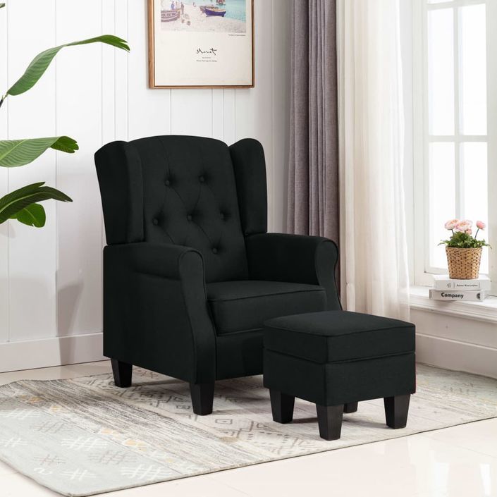 Fauteuil avec repose-pied Noir Tissu - Photo n°2