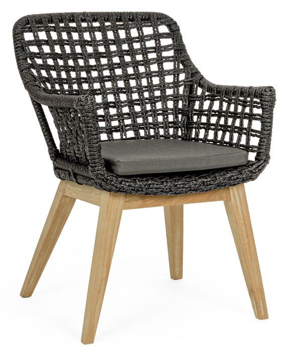 Fauteuil de jardin moderne tressage en corde noir et pieds en bois de teck Dikson - Lot de 2 - Photo n°1