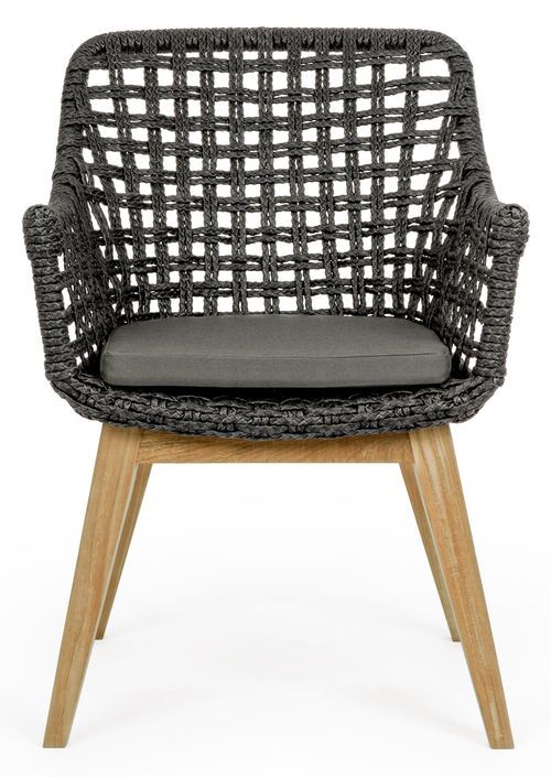 Fauteuil de jardin moderne tressage en corde noir et pieds en bois de teck Dikson - Lot de 2 - Photo n°2