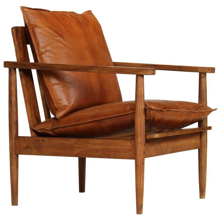 Fauteuil en cuir véritable marron avec structure en bois d'acacia Kliva - Photo n°1