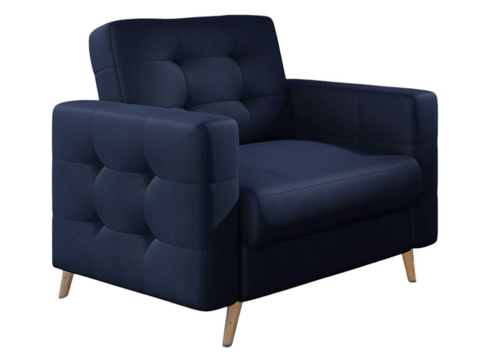 Fauteuil matelassé velours bleu marine et bois clair Anska - Photo n°1