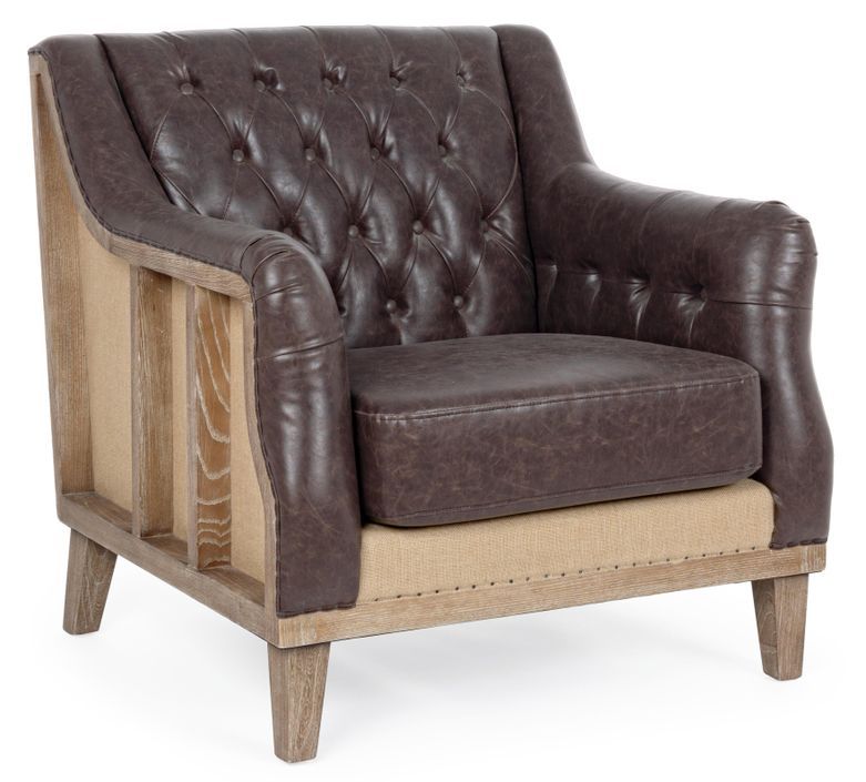 Fauteuil simili cuir marron et pieds en bois Ray - Photo n°1