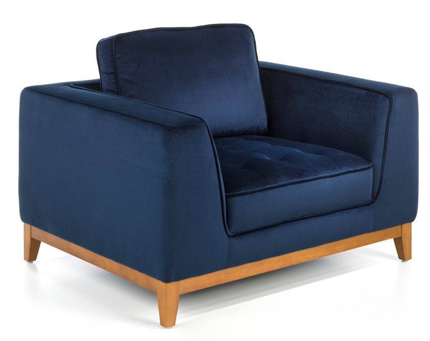 Fauteuil tissu bleu effet velours et bois de noyer Hastin - Photo n°2