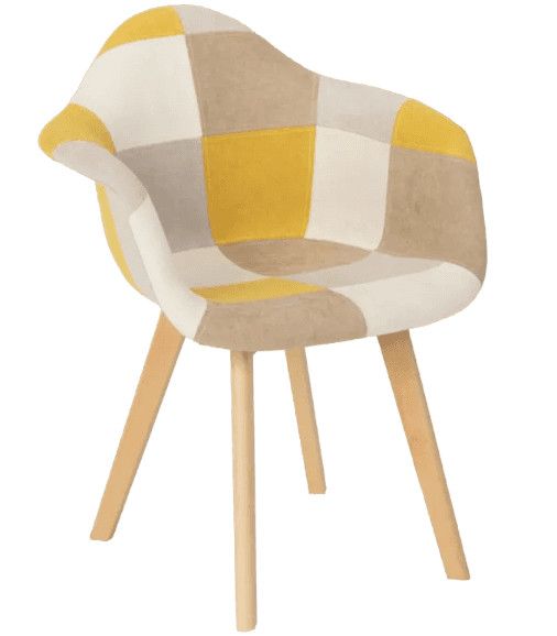 Fauteuil tissu patchwork jaune, beige, crème et pieds chêne clair Tarkal - Photo n°1