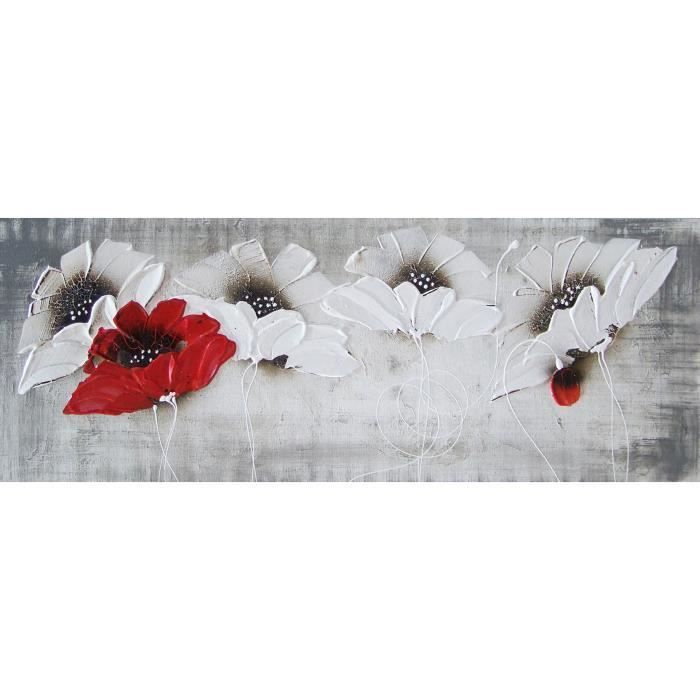 FLOWERS Tableau déco toile peinte 30x90 cm rouge et blanc - Photo n°1