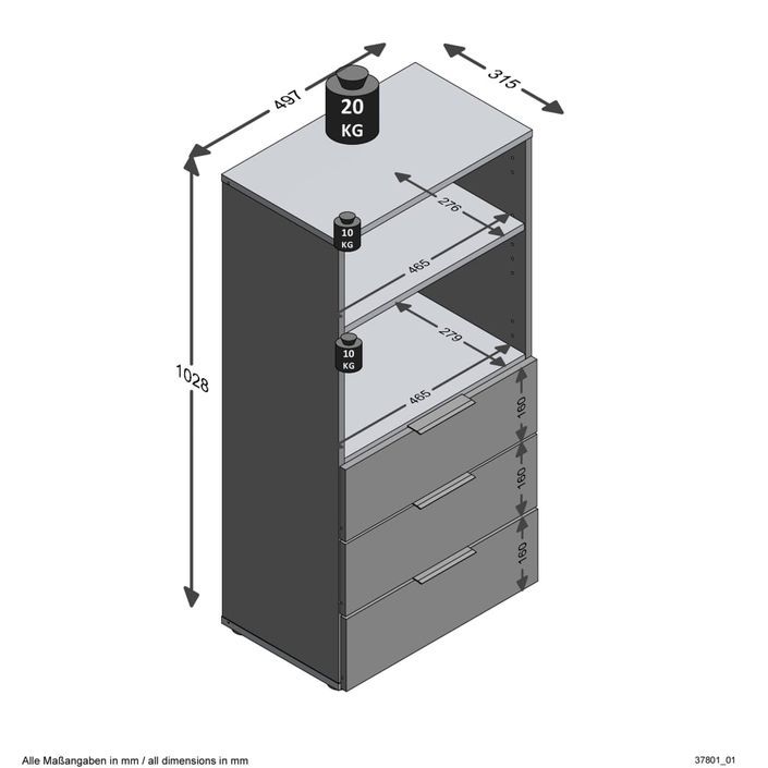 FMD Commode avec 3 tiroirs et étagère ouverte Noir - Photo n°6