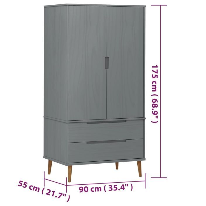 Garde-robe MOLDE Gris 90x55x175 cm Bois massif de pin - Photo n°8