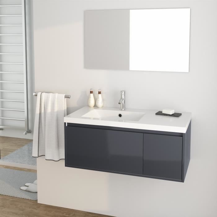 GIRONA Ensemble meubles de salle de bain simple vasque + miroir L 90 cm - Gris laqué brillant - Photo n°1