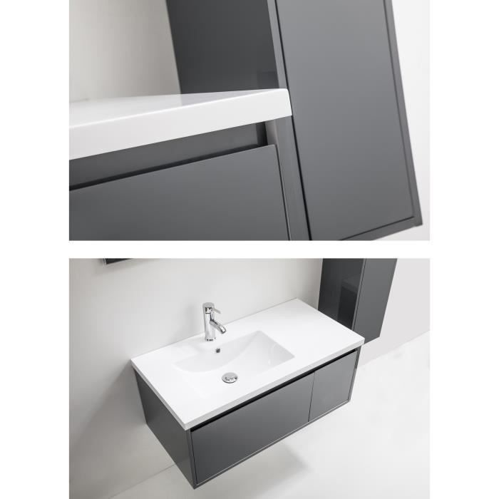 GIRONA Ensemble meubles de salle de bain simple vasque + miroir L 90 cm - Gris laqué brillant - Photo n°4