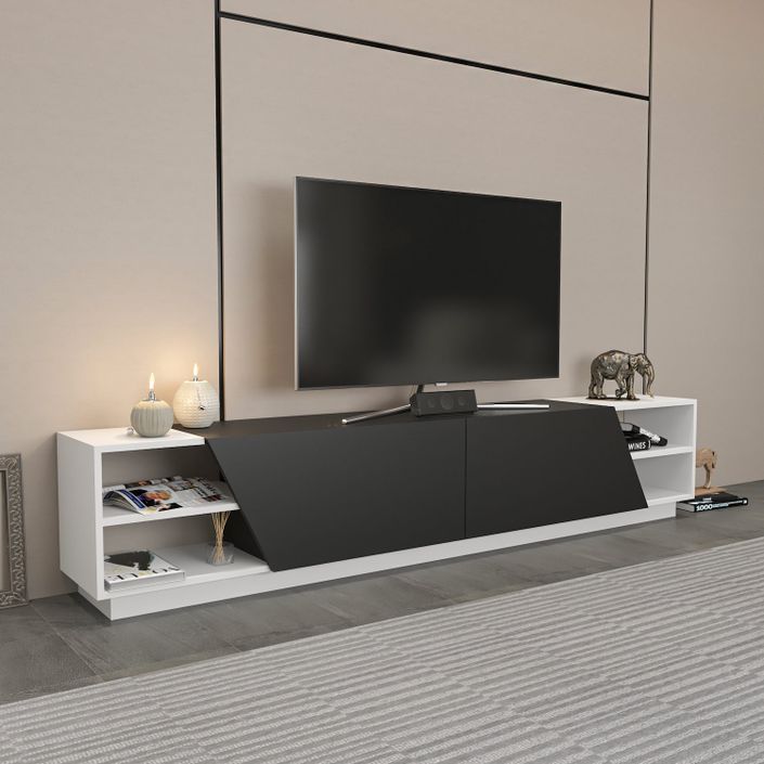 Grand banc TV 2 portes 2 étagères bois blanc et gris foncé Doreza 240 cm - Photo n°3