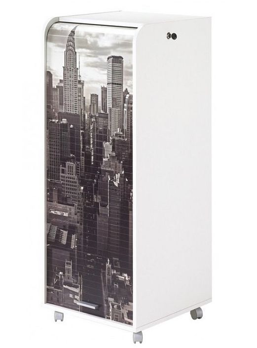 Grand caisson à rideau sur roulettes 3 tiroirs blanc imprimé New York Orga 108 cm - Photo n°2