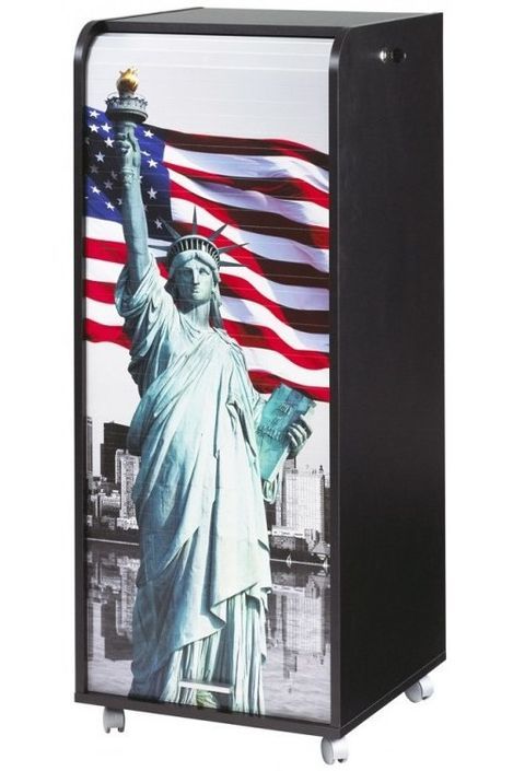 Grand caisson à rideau sur roulettes 3 tiroirs noir imprimé statue de la Liberté Orga 108 cm - Photo n°1