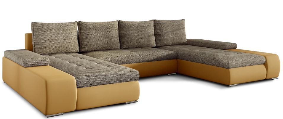 Grand canapé convertible panoramique design tissu beige chiné et simili cuir moutarde avec coffre de rangement Tino 363 cm - Photo n°1