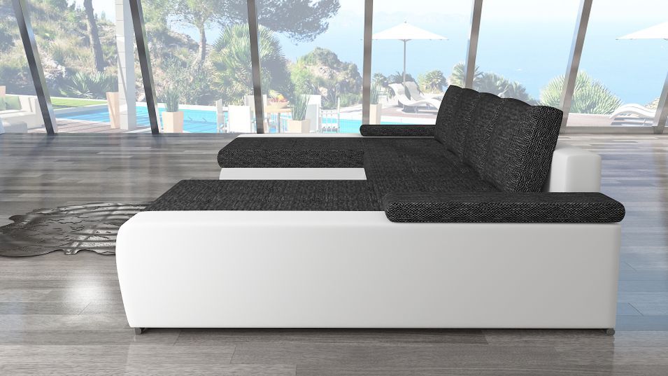 Grand canapé convertible panoramique design tissu gris chiné et simili cuir blanc avec coffre de rangement Tino 363 cm - Photo n°11