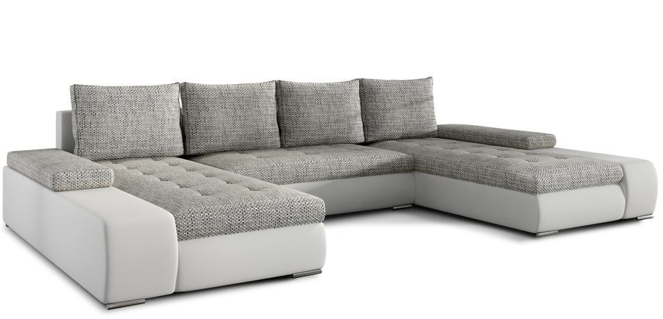 Grand canapé convertible panoramique design tissu gris clair chiné et simili cuir blanc avec coffre de rangement Tino 363 cm - Photo n°1