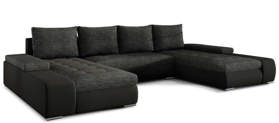 Grand canapé convertible panoramique design tissu noir chiné et simili cuir noir avec coffre de rangement Tino 363 cm - Photo n°1