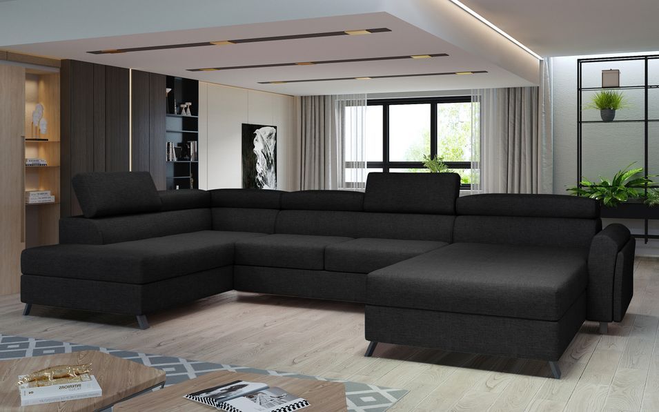 Grand canapé panoramique convertible tissu noir avec coffre Konba 370 cm - Photo n°8