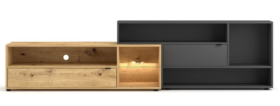 Grand meuble TV 2 portes avec LED bois naturel et gris anthracite Alizé 242 cm - Photo n°1
