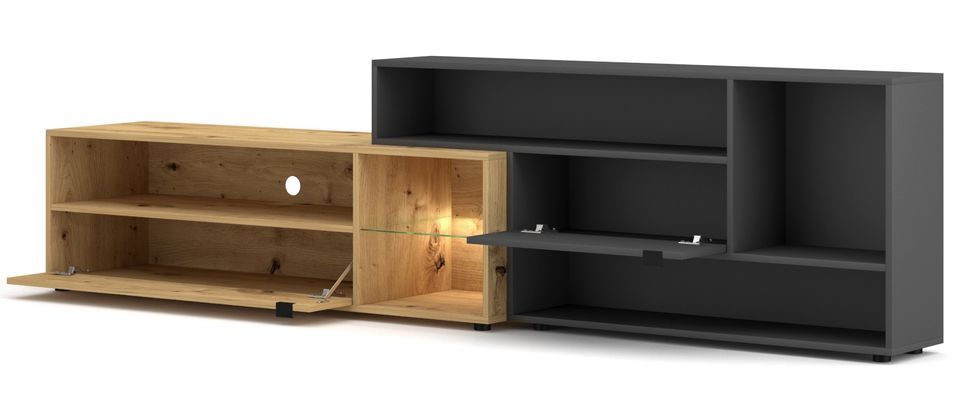 Grand meuble TV 2 portes avec LED bois naturel et gris anthracite Alizé 242 cm - Photo n°3