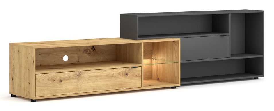 Grand meuble TV 2 portes avec LED bois naturel et gris anthracite Alizé 242 cm - Photo n°5
