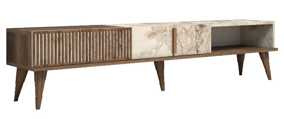 Grand meuble TV en bois noyer et blanc effet marbre 2 portes Roma 180 cm - Photo n°1