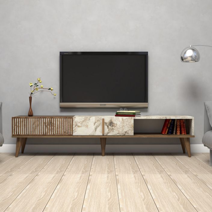 Grand meuble TV en bois noyer et blanc effet marbre 2 portes Roma 180 cm - Photo n°2
