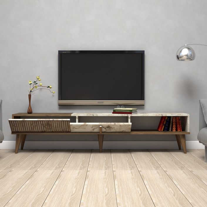 Grand meuble TV en bois noyer et blanc effet marbre 2 portes Roma 180 cm - Photo n°3