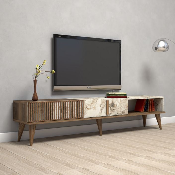 Grand meuble TV en bois noyer et blanc effet marbre 2 portes Roma 180 cm - Photo n°4