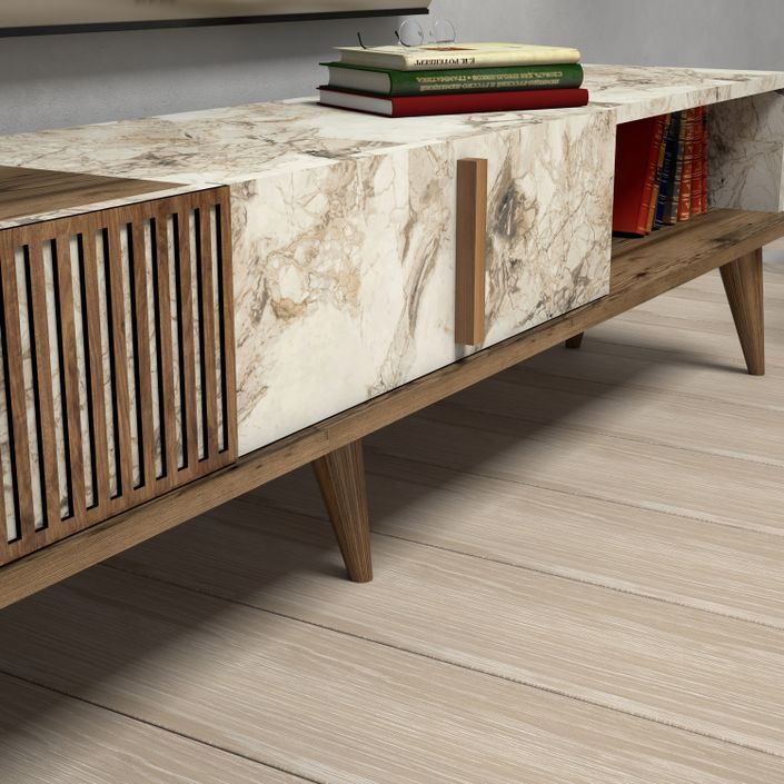 Grand meuble TV en bois noyer et blanc effet marbre 2 portes Roma 180 cm - Photo n°5