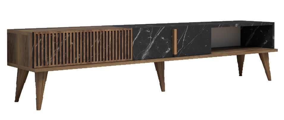 Grand meuble TV en bois noyer et noir effet marbre 2 portes Roma 180 cm - Photo n°1