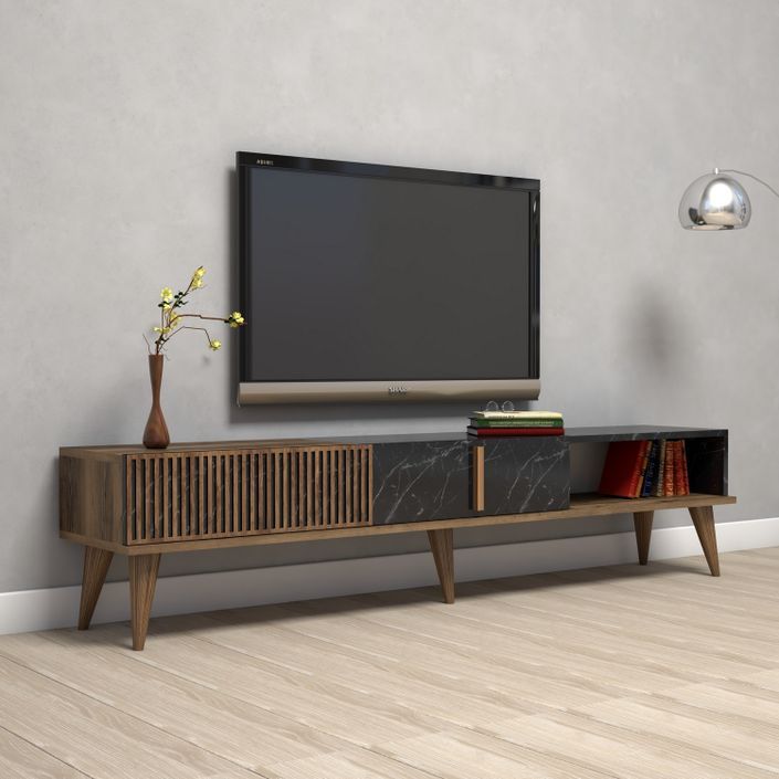 Grand meuble TV en bois noyer et noir effet marbre 2 portes Roma 180 cm - Photo n°4