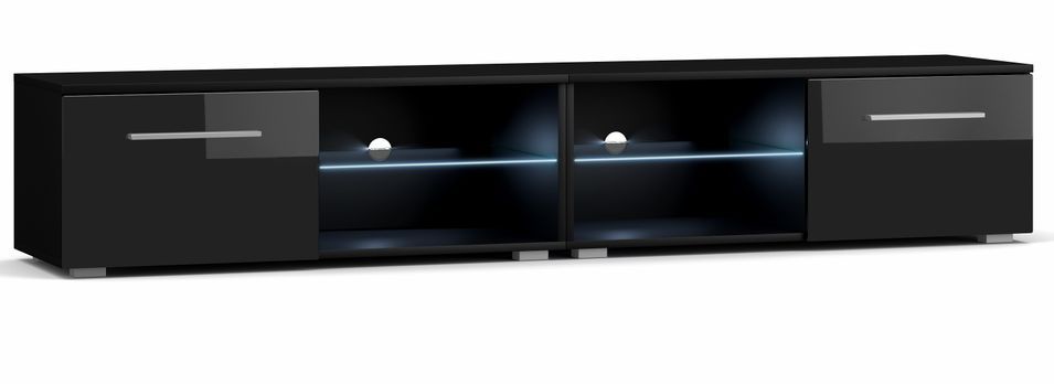 Grand meuble TV lumineux 2 portes noir mat et noir laqué Roxel 200 cm - Photo n°1