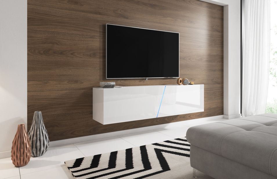 Grand meuble TV sur pied ou mural 2 portes avec Led blanc mat et blanc brillant Prago 160 cm - Photo n°2
