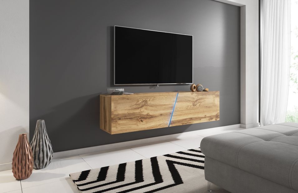 Grand meuble TV sur pied ou mural 2 portes avec Led bois naturel Prago 160 cm - Photo n°2