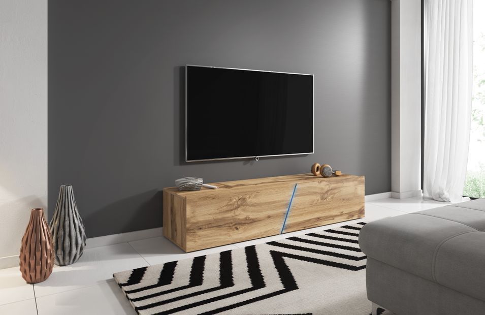 Grand meuble TV sur pied ou mural 2 portes avec Led bois naturel Prago 160 cm - Photo n°3