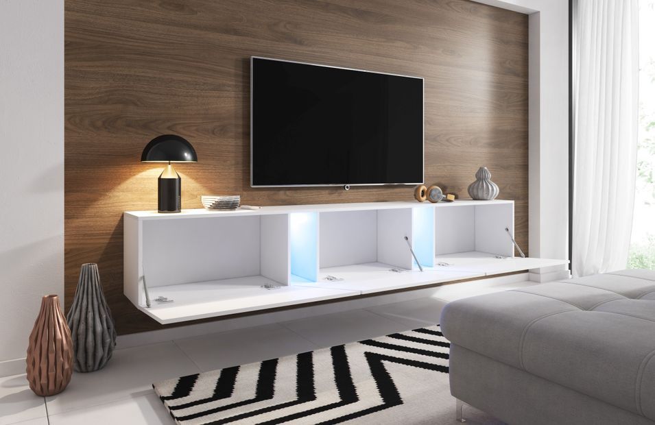 Grand meuble TV sur pied ou mural 3 portes avec Led blanc mat et gris brillant Prago 240 cm - Photo n°4