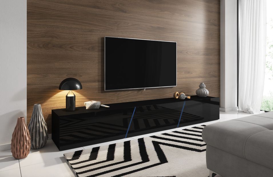 Grand meuble TV sur pied ou mural 3 portes avec Led noir mat et noir brillant Prago 240 cm - Photo n°3